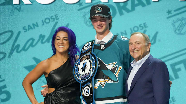 Jun 27, 2025; Los Angeles, California, USA; Joshua Ravensbergen is selected as the 30th overall pick to the San Jose Sharks in the first round of the 2025 NHL Draft at Peacock Theater. Mandatory Credit: Kirby Lee-Imagn Images
