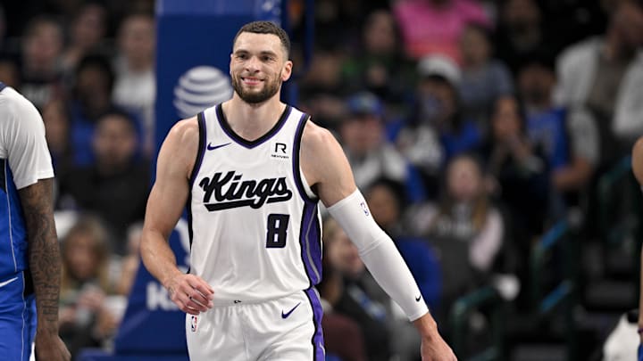 Feb 10, 2025; Dallas, Texas, USA; Sacramento Kings guard Zach LaVine (8) looks on during the first quarter against the Dallas Mavericks at the American Airlines Center. Mandatory Credit: Jerome Miron-Imagn Images