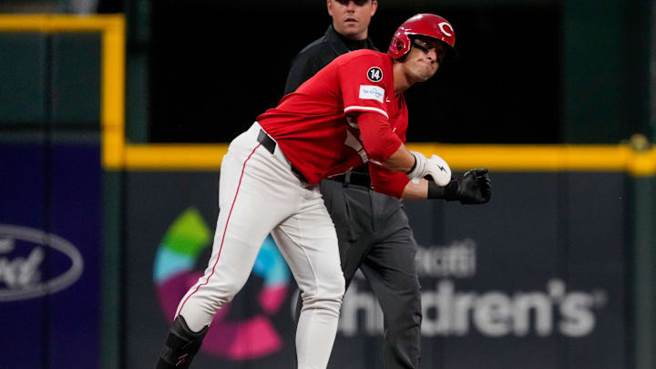 Cincinnati Reds center fielder TJ Friedl (29) celebrates a double in the third inning of the MLB National League game between the Cincinnati Reds and the Los Angeles Dodgers at Great American Ball Park in downtown Cincinnati on Monday, July 28, 2025. The game was tied 1-1 after three innings.