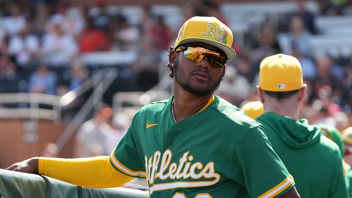 Feb 23, 2026; Scottsdale, Arizona, USA; Athletics shortstop Leo de Vries (83) prepares to play the San Francisco Giants at Scottsdale Stadium. Mandatory Credit: Rick Scuteri-Imagn Images Feb 23, 2026; Scottsdale, Arizona, USA; Athletics shortstop Leo de Vries (83) prepares to play the San Francisco Giants at Scottsdale Stadium. Mandatory Credit: Rick Scuteri-Imagn Images