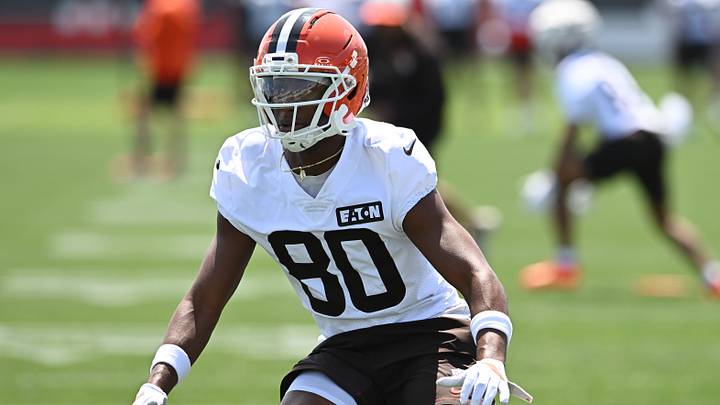 Jul 29, 2026; Berea, OH, USA; Cleveland Browns wide receiver Jamari Thrash (80) runs a drill during training camp at CrossCountry Mortgage Campus. Mandatory Credit: Ken Blaze-Imagn Images Jul 29, 2026; Berea, OH, USA; Cleveland Browns wide receiver Jamari Thrash (80) runs a drill during training camp at CrossCountry Mortgage Campus. Mandatory Credit: Ken Blaze-Imagn Images