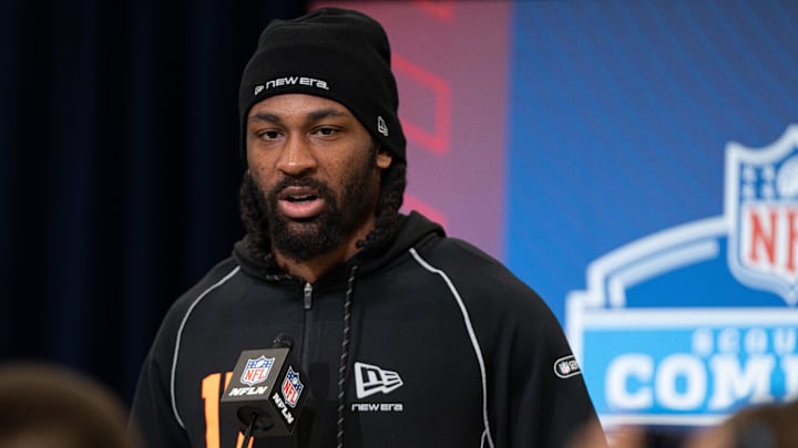 Feb 27, 2026; Indianapolis, IN, USA; Indiana wideout Omar Cooper Jr. (WO17) speaks to members of the media during the NFL Combine at the Indiana Convention Center. 