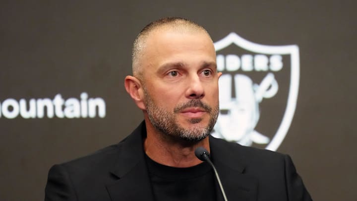 Feb 10, 2026; Henderson, NV, USA;  Las Vegas Raiders general manager John Spytek at press conference at Intermountain Health Performance Center. Mandatory Credit: Kirby Lee-Imagn Images