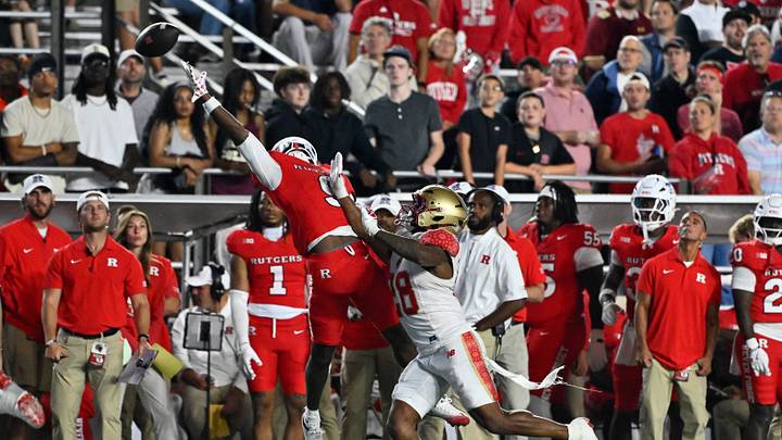 Sep 11, 2026; Chestnut Hill, Massachusetts, USA; Boston College Eagles linebacker Zacari Thomas (28) defends a pass to Rutgers Scarlet Knights defensive lineman Farell Gnago (90) during the second half at Alumni Stadium. Mandatory Credit: Eric Canha-Imagn Images Sep 11, 2026; Chestnut Hill, Massachusetts, USA; Boston College Eagles linebacker Zacari Thomas (28) defends a pass to Rutgers Scarlet Knights defensive lineman Farell Gnago (90) during the second half at Alumni Stadium. Mandatory Credit: Eric Canha-Imagn Images