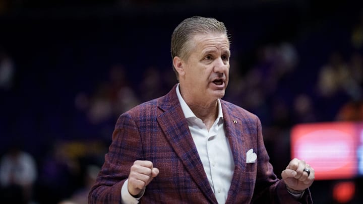 Feb 10, 2026; Baton Rouge, Louisiana, USA; Arkansas Razorbacks head coach John Calipari reacts against the LSU Tigers during the second half at Pete Maravich Assembly Center. Mandatory Credit: Matthew Hinton-Imagn Images