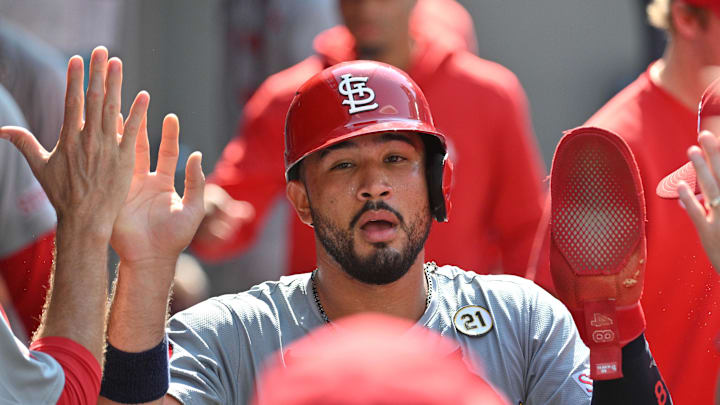 St. Louis Cardinals catcher Ivan Herrera (48) celebrates with teammates after scoring against the Toronto Blue Jays in the fifth inning at Rogers Centre. St. Louis Cardinals catcher Ivan Herrera (48) celebrates with teammates after scoring against the Toronto Blue Jays in the fifth inning at Rogers Centre.