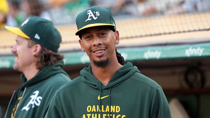 Aug 23, 2024; Oakland, California, USA; Oakland Athletics relief pitcher Osvaldo Bido (45) before the game against the Milwaukee Brewers at Oakland-Alameda County Coliseum. Mandatory Credit: Darren Yamashita-Imagn Images