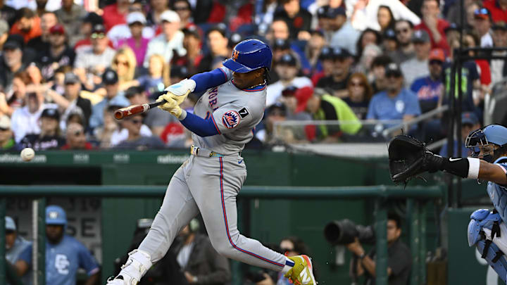 Apr 26, 2025; Washington, District of Columbia, USA; New York Mets shortstop Francisco Lindor (12) singles against the Washington Nationals during the third inning at Nationals Park. Mandatory Credit: Brad Mills-Imagn Images Apr 26, 2025; Washington, District of Columbia, USA; New York Mets shortstop Francisco Lindor (12) singles against the Washington Nationals during the third inning at Nationals Park. Mandatory Credit: Brad Mills-Imagn Images