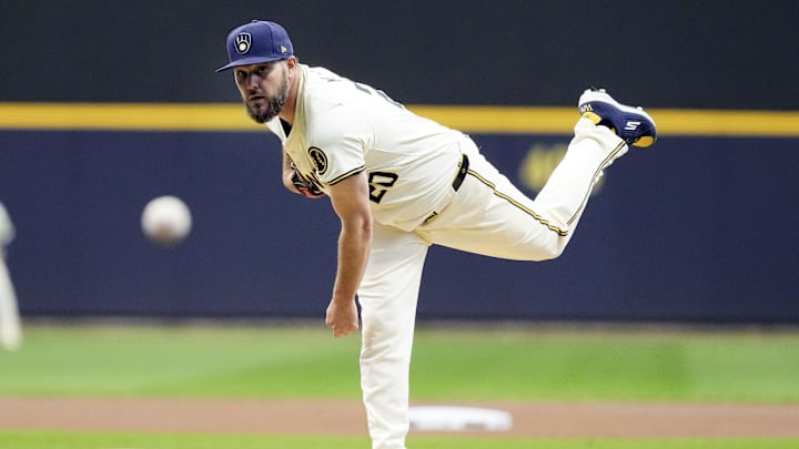 Apr 16, 2024; Milwaukee, Wisconsin, USA;  Milwaukee Brewers pitcher Wade Miley (20) throws a pitch