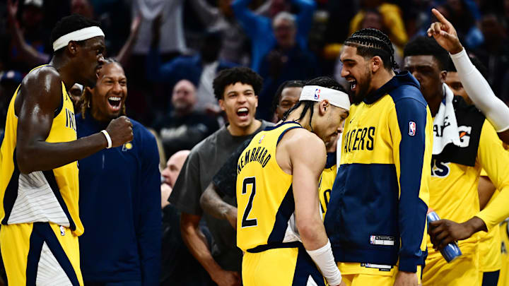 May 13, 2025; Cleveland, Ohio, USA; Indiana Pacers guard Andrew Nembhard (2) celebrates with the bench during the second half against the Cleveland Cavaliers in game five of the second round for the 2025 NBA Playoffs at Rocket Arena. Mandatory Credit: Ken Blaze-Imagn Images