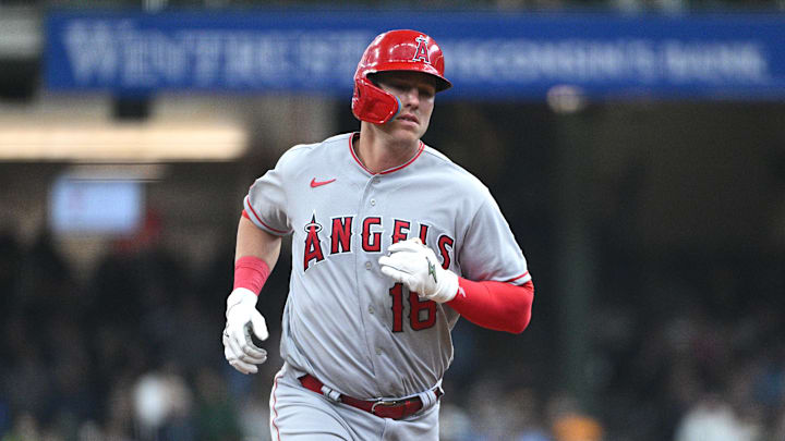Apr 30, 2023; Milwaukee, Wisconsin, USA; Los Angeles Angels first baseman Jake Lamb (18) rounds the bases after hitting a home run against the Milwaukee Brewers in the second inning at American Family Field. Mandatory Credit: Michael McLoone-Imagn Images