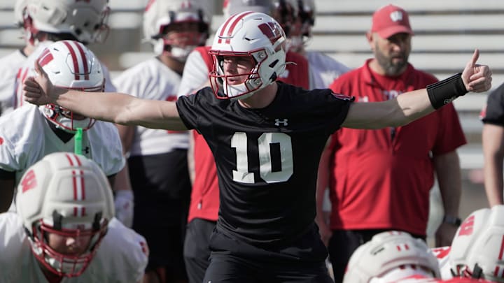 Wisconsin quarterback Ryan Hopkins (10) is shown during spring football practice Tuesday, April 21, 2026 at Camp Randall Stadium in Madison, Wisconsin.