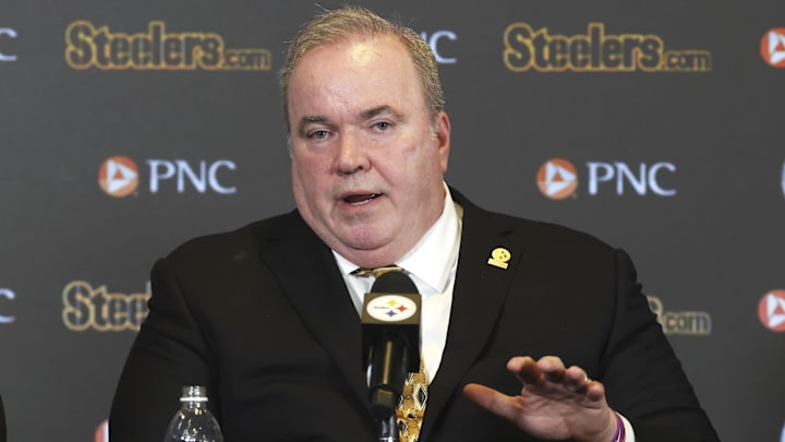 Jan 27, 2026; Pittsburgh, PA, USA; Pittsburgh Steelers head coach Mike McCarthy speaks at a press conference introducing him as the next head coach of the Steelers at PNC Champions Club at Acrisure Stadium.. Mandatory Credit: Charles LeClaire-Imagn Images Jan 27, 2026; Pittsburgh, PA, USA; Pittsburgh Steelers head coach Mike McCarthy speaks at a press conference introducing him as the next head coach of the Steelers at PNC Champions Club at Acrisure Stadium.. Mandatory Credit: Charles LeClaire-Imagn Images