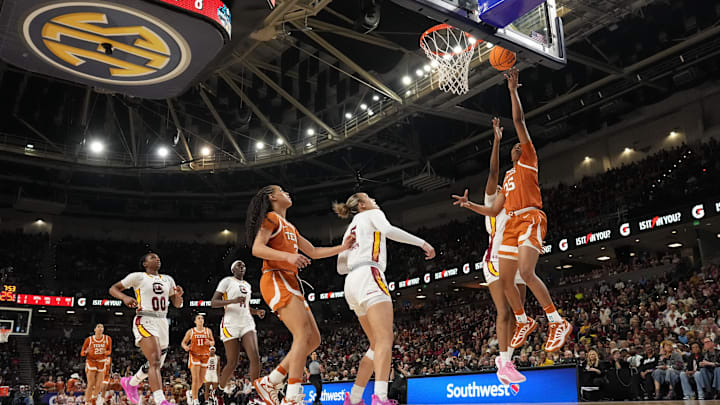 Mar 8, 2026; Greenville, SC, USA; Texas Longhorns forward Madison Booker (35) makes a lay up against the South Carolina Gamecocks during the first half at Bon Secours Wellness Arena. Mandatory Credit: Jim Dedmon-Imagn Images
