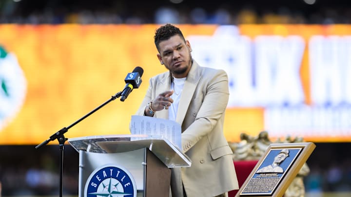 Former Seattle Mariner Felix Hernandez is inducted into the Mariners Hall of Fame prior to the game between the Seattle Mariners and the Baltimore Orioles at T-Mobile Park in 2023.