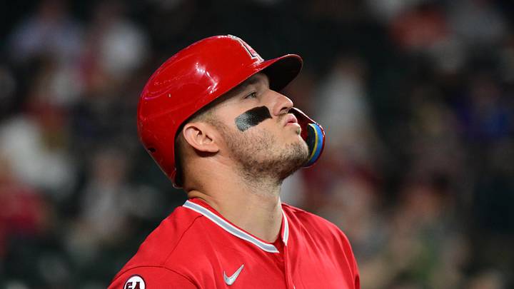 Jun 17, 2026; Phoenix, Arizona, USA; Los Angeles Angels center fielder Mike Trout (27) looks on in the first inning against the Arizona Diamondbacks at Chase Field. Mandatory Credit: Matt Kartozian-Imagn Images Jun 17, 2026; Phoenix, Arizona, USA; Los Angeles Angels center fielder Mike Trout (27) looks on in the first inning against the Arizona Diamondbacks at Chase Field. Mandatory Credit: Matt Kartozian-Imagn Images