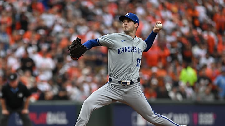 Oct 1, 2024; Baltimore, Maryland, USA; Kansas City Royals pitcher Cole Ragans (55) throws against the Baltimore Orioles in the first inning in game one of the Wild Card round for the 2024 MLB Playoffs at Oriole Park at Camden Yards. Mandatory Credit: Tommy Gilligan-Imagn Images