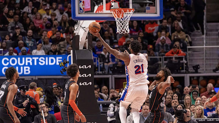 Nov 10, 2023; Detroit, Michigan, USA; Philadelphia 76ers center Joel Embiid (21) drives to the