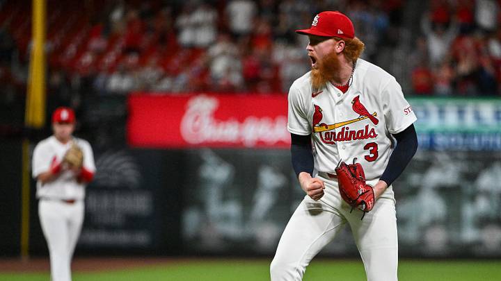Jun 15, 2026; St. Louis, Missouri, USA; St. Louis Cardinals starting pitcher Dustin May (3) reacts after throwing a complete game one hitter against the San Diego Padres at Busch Stadium. Mandatory Credit: Jeff Curry-Imagn Images
