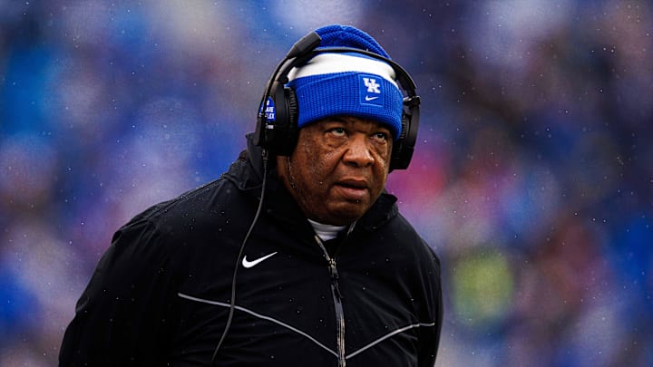 Nov 12, 2022; Lexington, Kentucky, USA; Kentucky Wildcats associate head coach Vince Marrow looks on during the game against the Vanderbilt Commodores at Kroger Field. Mandatory Credit: Jordan Prather-Imagn Images
