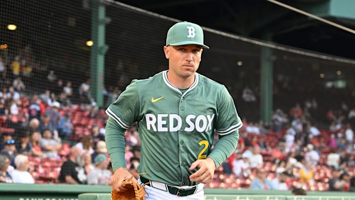 Boston Red Sox third baseman Alex Bregman (2) runs out of the dugout before the start of a game against the Atlanta Braves at Fenway Park on May 16.
