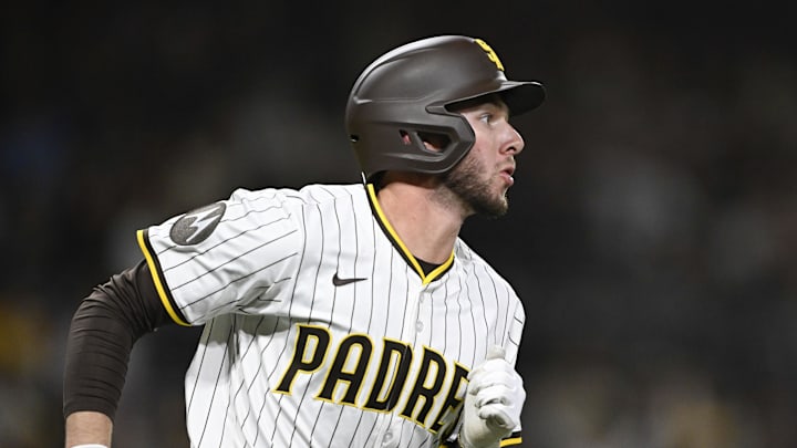 Apr 1, 2025; San Diego, California, USA; San Diego Padres center fielder Jackson Merrill (3) rounds the bases after hitting a solo home run during the fourth inning against the Cleveland Guardians at Petco Park. Mandatory Credit: Denis Poroy-Imagn Images Apr 1, 2025; San Diego, California, USA; San Diego Padres center fielder Jackson Merrill (3) rounds the bases after hitting a solo home run during the fourth inning against the Cleveland Guardians at Petco Park. Mandatory Credit: Denis Poroy-Imagn Images