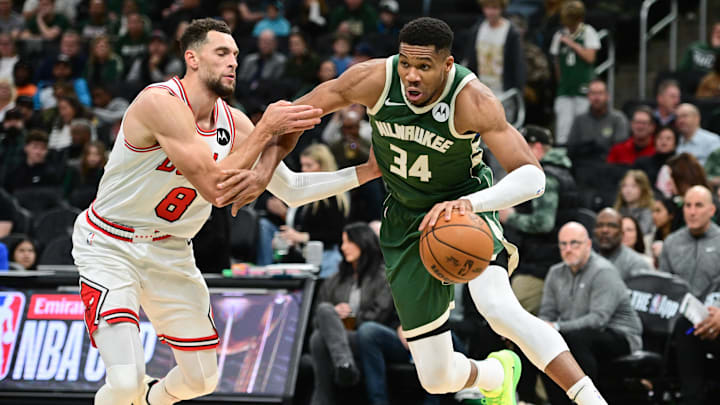 Milwaukee Bucks forward Giannis Antetokounmpo (34) drives against Chicago Bulls guard Zach LaVine (8) in the fourth quarter at Fiserv Forum. Mandatory Credit: Benny Sieu-Imagn Images Milwaukee Bucks forward Giannis Antetokounmpo (34) drives against Chicago Bulls guard Zach LaVine (8) in the fourth quarter at Fiserv Forum. Mandatory Credit: Benny Sieu-Imagn Images
