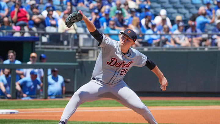 May 22, 2024; Kansas City, Missouri, USA; Detroit Tigers starting pitcher Tarik Skubal (29) delivers a pitch against the Kansas City Royals in the first inning at Kauffman Stadium. Mandatory Credit: Denny Medley-USA TODAY Sports May 22, 2024; Kansas City, Missouri, USA; Detroit Tigers starting pitcher Tarik Skubal (29) delivers a pitch against the Kansas City Royals in the first inning at Kauffman Stadium. Mandatory Credit: Denny Medley-USA TODAY Sports