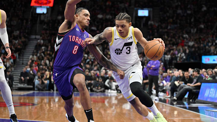 Mar 7, 2025; Toronto, Ontario, CAN; Utah Jazz guard Keyonte George (3) dribbles the ball against Toronto Raptors guard Jared Rhoden (8) in the second half at Scotiabank Arena. Mandatory Credit: Dan Hamilton-Imagn Images Mar 7, 2025; Toronto, Ontario, CAN; Utah Jazz guard Keyonte George (3) dribbles the ball against Toronto Raptors guard Jared Rhoden (8) in the second half at Scotiabank Arena. Mandatory Credit: Dan Hamilton-Imagn Images