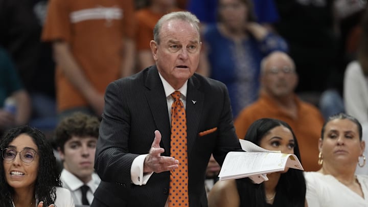 Feb 6, 2025; Austin, Texas, USA; Texas Longhorns head coach Vic Schaefer reacts to a call during the first half against the Vanderbilt Commodores at Moody Center. Mandatory Credit: Scott Wachter-Imagn Images