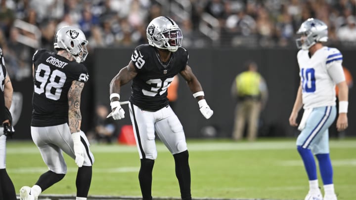 Aug 17, 2024; Paradise, Nevada, USA; Las Vegas Raiders cornerback Nate Hobbs (39) reacts to a play against the Dallas Cowboys in the first quarter at Allegiant Stadium. Mandatory Credit: Candice Ward-USA TODAY Sports