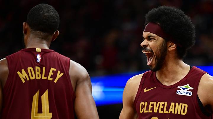 Nov 4, 2024; Cleveland, Ohio, USA; Cleveland Cavaliers center Jarrett Allen (31) and forward Evan Mobley (4) celebrate during the second half against the Milwaukee Bucks at Rocket Mortgage FieldHouse. Mandatory Credit: Ken Blaze-Imagn Images