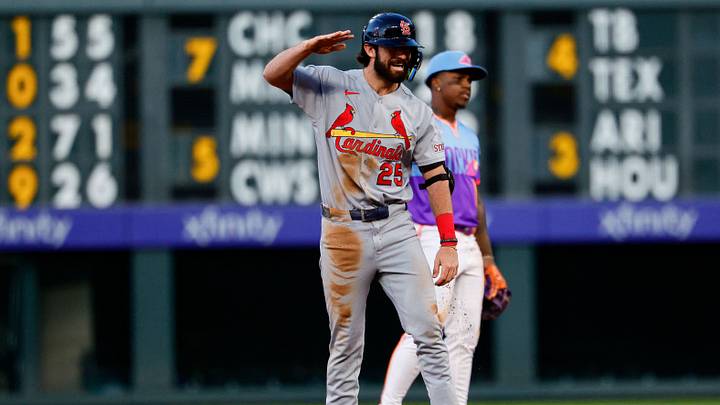 Sep 4, 2026; Denver, Colorado, USA; St. Louis Cardinals shortstop Thomas Saggese (25) reacts from second on an RBI double in the second inning against the Colorado Rockies at Coors Field. Mandatory Credit: Isaiah J. Downing-Imagn Images Sep 4, 2026; Denver, Colorado, USA; St. Louis Cardinals shortstop Thomas Saggese (25) reacts from second on an RBI double in the second inning against the Colorado Rockies at Coors Field. Mandatory Credit: Isaiah J. Downing-Imagn Images