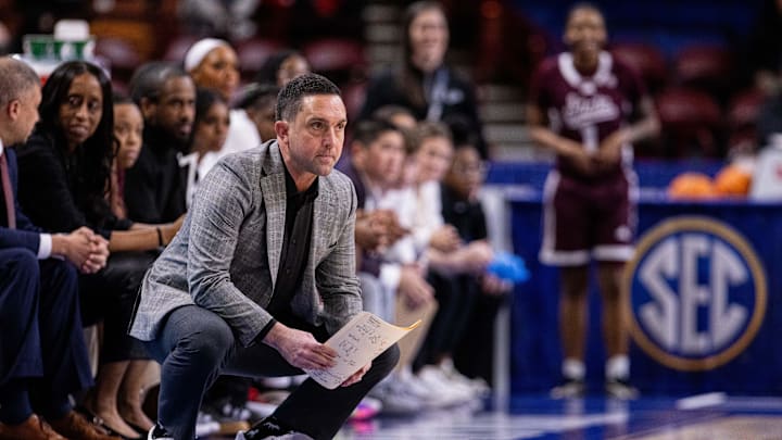 Mar 6, 2025; Greenville, SC, USA; Mississippi State Bulldogs head coach Sam Purcell during the first half against the Ole Miss Rebels at Bon Secours Wellness Arena. Mandatory Credit: Scott Kinser-Imagn Images