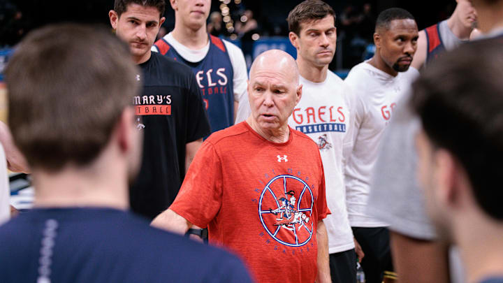 Mar 18, 2026; Oklahoma City, OK, USA; Saint Mary's Gaels head coach Randy Bennett speaks to the team during a practice session ahead of the first round of the men's 2026 NCAA Tournament at Paycom Center. Mandatory Credit: William Purnell-Imagn Images Mar 18, 2026; Oklahoma City, OK, USA; Saint Mary's Gaels head coach Randy Bennett speaks to the team during a practice session ahead of the first round of the men's 2026 NCAA Tournament at Paycom Center. Mandatory Credit: William Purnell-Imagn Images