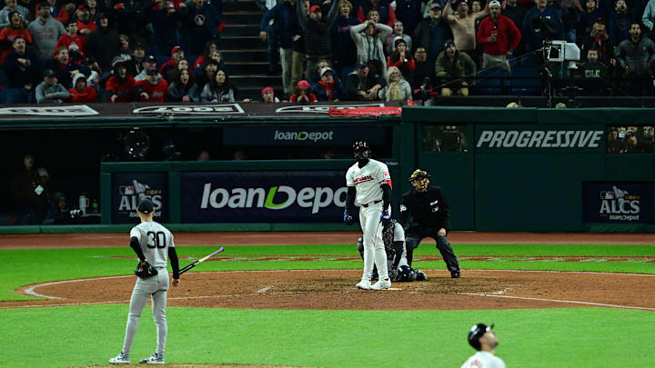 Oct 17, 2024; Cleveland, Ohio, USA; Cleveland Guardians outfielder Jhonkensy Noel (43) reacts after a two-run home run against New York Yankees pitcher Luke Weaver (30) during the ninth inning in game 3 of the American League Championship Series at Progressive Field. Mandatory Credit: David Dermer-Imagn Images Oct 17, 2024; Cleveland, Ohio, USA; Cleveland Guardians outfielder Jhonkensy Noel (43) reacts after a two-run home run against New York Yankees pitcher Luke Weaver (30) during the ninth inning in game 3 of the American League Championship Series at Progressive Field. Mandatory Credit: David Dermer-Imagn Images