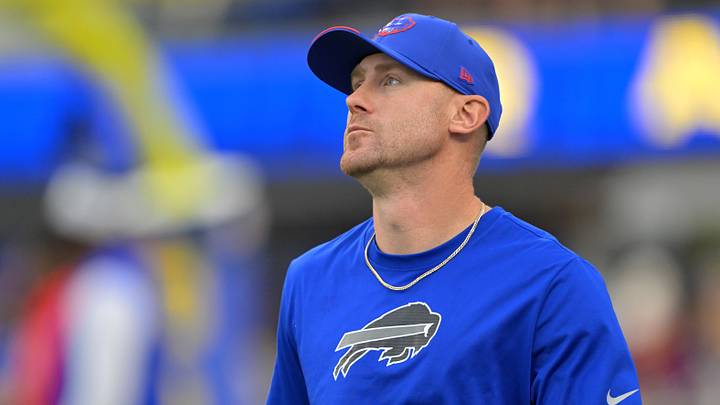 Oct 12, 2026; Inglewood, California, USA;  Buffalo Bills head coach Joe Brady looks on before the game against the Los Angeles Rams at SoFi Stadium.  Mandatory Credit: Jayne Kamin-Oncea-Imagn Images