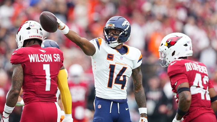 Oct 25, 2026; Glendale, Arizona, USA; Denver Broncos wide receiver Courtland Sutton (14) reacts during the first half against the Arizona Cardinals at State Farm Stadium. Mandatory Credit: Joe Camporeale-Imagn Images Oct 25, 2026; Glendale, Arizona, USA; Denver Broncos wide receiver Courtland Sutton (14) reacts during the first half against the Arizona Cardinals at State Farm Stadium. Mandatory Credit: Joe Camporeale-Imagn Images