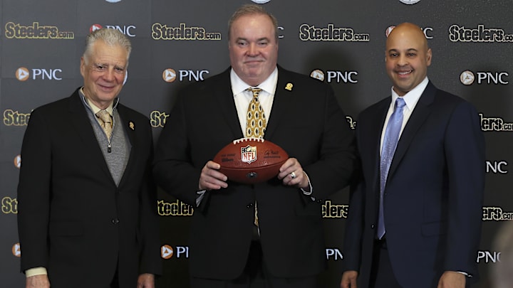 Pittsburgh Steelers owner Art Rooney II (left) and general manager Omar Khan (right) flank Mike McCarthy (middle)