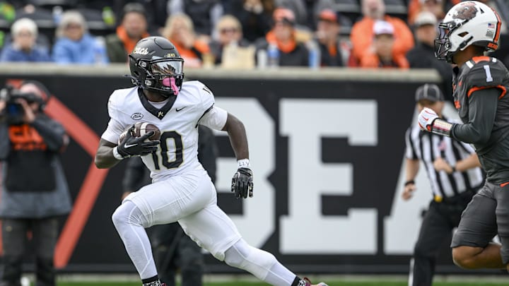 Oct 11, 2025; Corvallis, Oregon, USA; Wake Forest Demon Deacons wide receiver Chris Barnes (10) runs for a touchdown after the catch during the second half against the Oregon State Beavers at Reser Stadium. Mandatory Credit: Craig Strobeck-Imagn Images