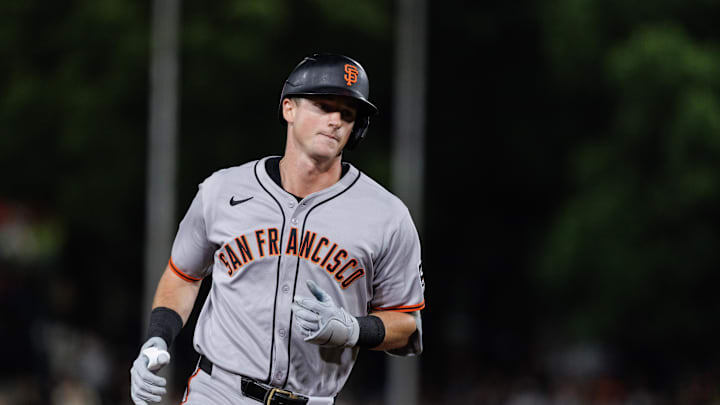 Jul 6, 2025; West Sacramento, California, USA; San Francisco Giants second baseman Tyler Fitzgerald (49) rounds the bases after hitting a one-run home run during the eighth inning against the Athletics at Sutter Health Park. Mandatory Credit: Sergio Estrada-Imagn Images