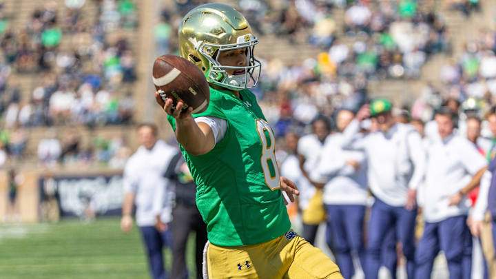 Notre Dame Fighting Irish quarterback Kenny Minchey (8) scores a touchdown