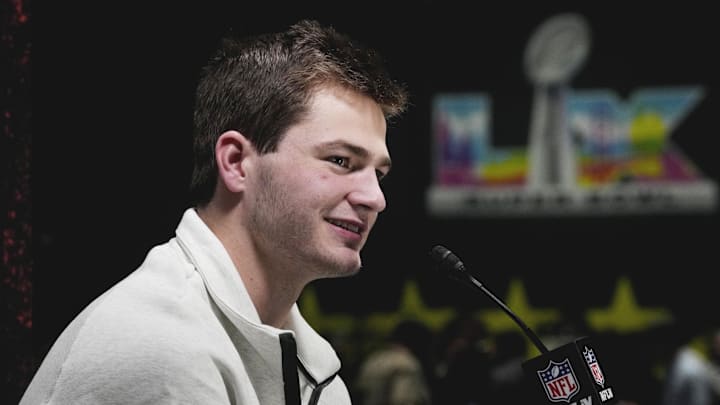Feb 2, 2026; San Jose, CA, USA; New England Patriots quarterback Drake Maye (10) speaks to media during Opening Night for Super Bowl LX at San Jose Convention Center. Mandatory Credit: Kyle Terada-Imagn Images