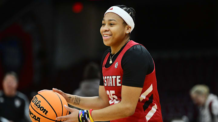 Apr 4, 2024; Cleveland, OH, USA; NC State Wolfpack guard Zoe Brooks (35) warms up during a practice session at Rocket Mortgage FieldHouse. Mandatory Credit: Ken Blaze-Imagn Images Apr 4, 2024; Cleveland, OH, USA; NC State Wolfpack guard Zoe Brooks (35) warms up during a practice session at Rocket Mortgage FieldHouse. Mandatory Credit: Ken Blaze-Imagn Images