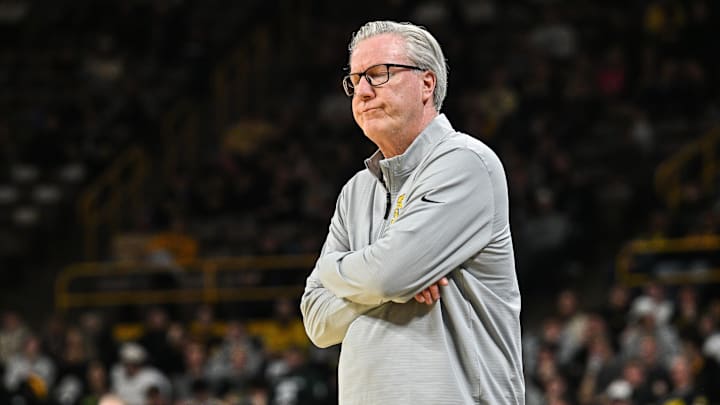 Mar 6, 2025; Iowa City, Iowa, USA; Iowa Hawkeyes head coach Fran McCaffery reacts during the first half against the Michigan State Spartans at Carver-Hawkeye Arena. Mandatory Credit: Jeffrey Becker-Imagn Images