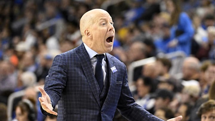 Jan 30, 2025; Los Angeles, California, USA;  UCLA Bruins head coach Mick Cronin reacts during the second half against the Oregon Ducks at Pauley Pavilion presented by Wescom. Mandatory Credit: Alex Gallardo-Imagn Images