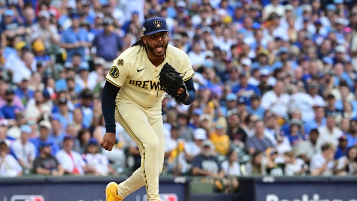 Oct 4, 2025; Milwaukee, Wisconsin, USA; Milwaukee Brewers starting pitcher Freddy Peralta (51) reacts after striking out Chicago Cubs second baseman Nico Hoerner (not pictured) during the fifth inning of game one of the NLDS round for the 2025 MLB playoffs at American Family Field. Mandatory Credit: Benny Sieu-Imagn Images Oct 4, 2025; Milwaukee, Wisconsin, USA; Milwaukee Brewers starting pitcher Freddy Peralta (51) reacts after striking out Chicago Cubs second baseman Nico Hoerner (not pictured) during the fifth inning of game one of the NLDS round for the 2025 MLB playoffs at American Family Field. Mandatory Credit: Benny Sieu-Imagn Images