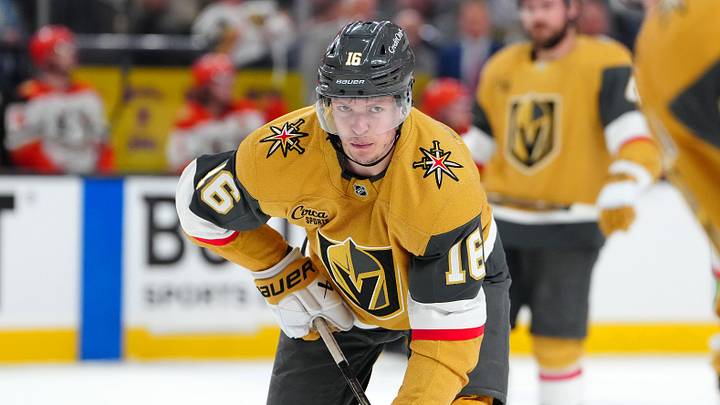 May 6, 2026; Las Vegas, Nevada, USA; Vegas Golden Knights right wing Pavel Dorofeyev (16) prepares for a faceoff against the Anaheim Ducks during the first period of game two of the second round of the 2026 Stanley Cup Playoffs at T-Mobile Arena. Mandatory Credit: Stephen R. Sylvanie-Imagn Images