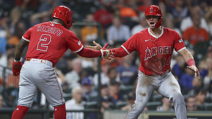 Aug 30, 2025; Houston, Texas, USA; Los Angeles Angels catcher Logan O'Hoppe (14) celebrates with second baseman Luis Rengifo (2) after scoring during the ninth inning against the Houston Astros at Daikin Park. Mandatory Credit: Troy Taormina-Imagn Images Aug 30, 2025; Houston, Texas, USA; Los Angeles Angels catcher Logan O'Hoppe (14) celebrates with second baseman Luis Rengifo (2) after scoring during the ninth inning against the Houston Astros at Daikin Park. Mandatory Credit: Troy Taormina-Imagn Images