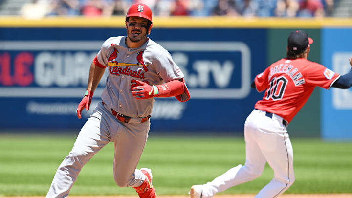 Jun 29, 2025; Cleveland, Ohio, USA; St. Louis Cardinals third baseman Nolan Arenado (28) advances to third on a double and an error during the sixth inning against the Cleveland Guardians at Progressive Field. Mandatory Credit: Ken Blaze-Imagn Images